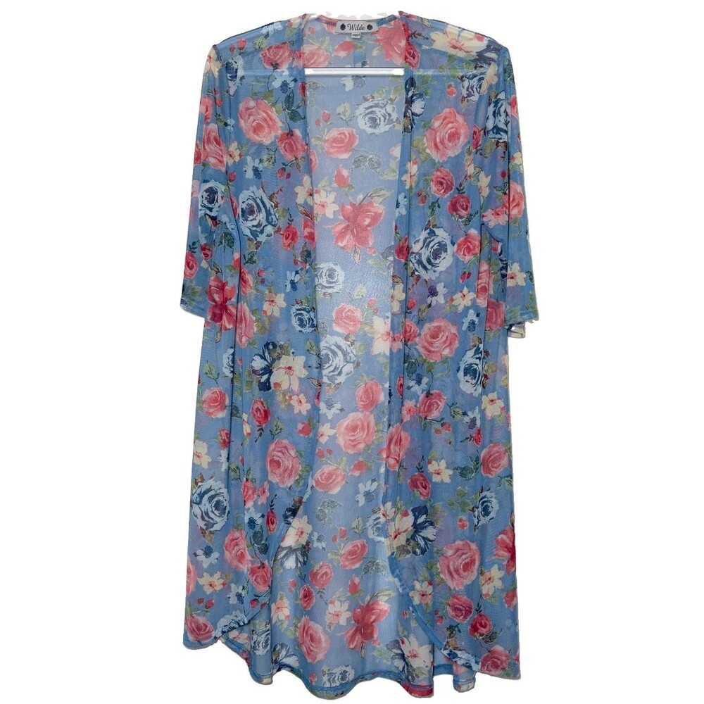 Wilde Floral Mesh Duster Cardigan Blue Pink Roses Open Front Sheer Women M
